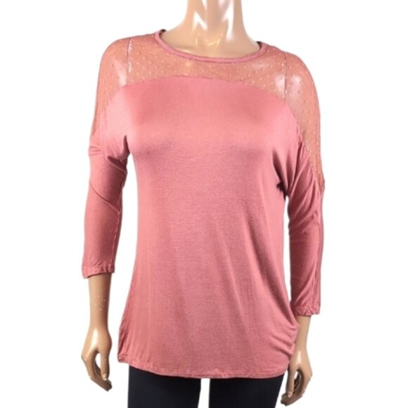 Suzy Shier Tunic Top Sheer Shoulder Cropped Sleeve Stretchy Rayon Blouse Salmon - Picture 1 of 11